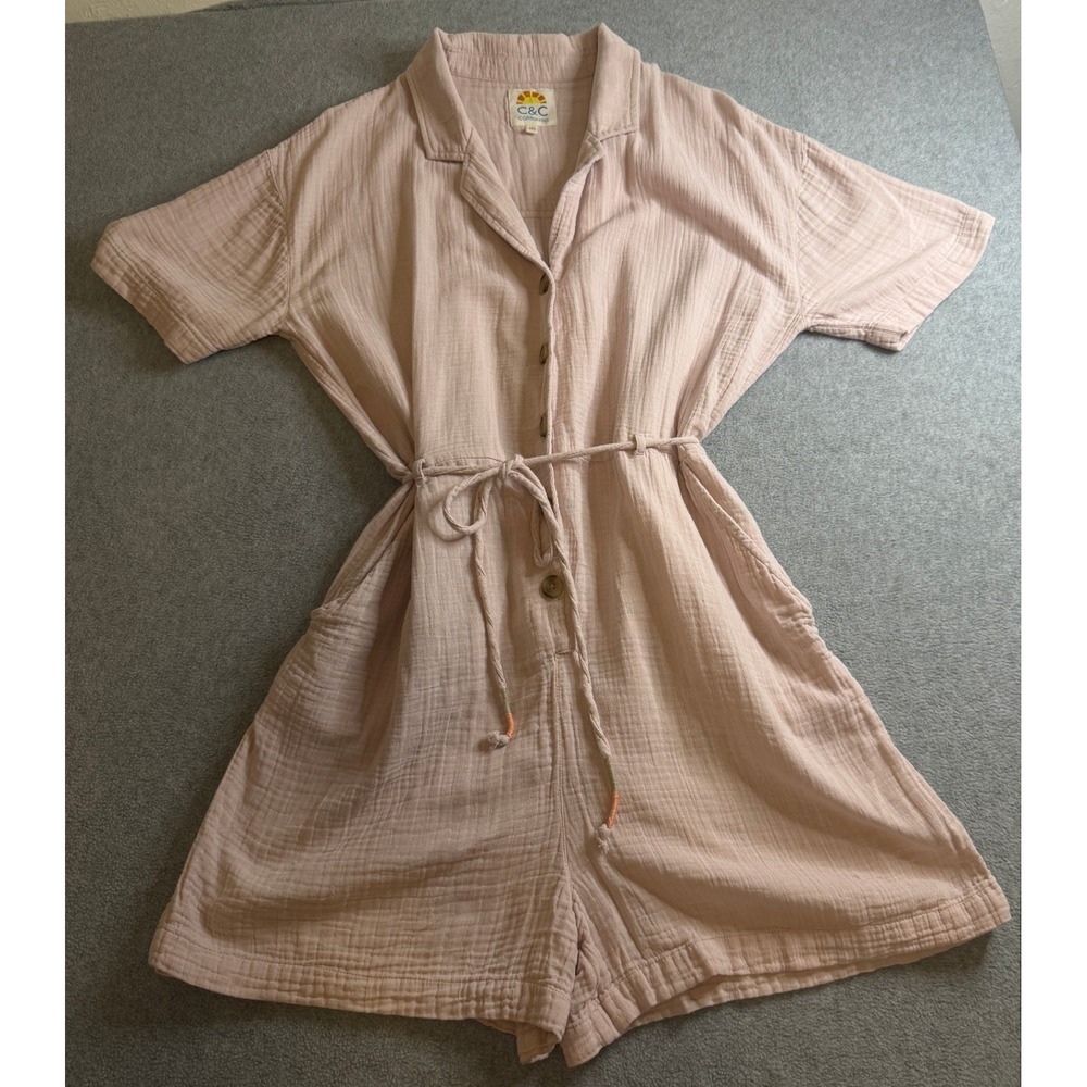 C&C California Womens Pink Gauze Button Front Drawstring‎ Waist Romper Size M